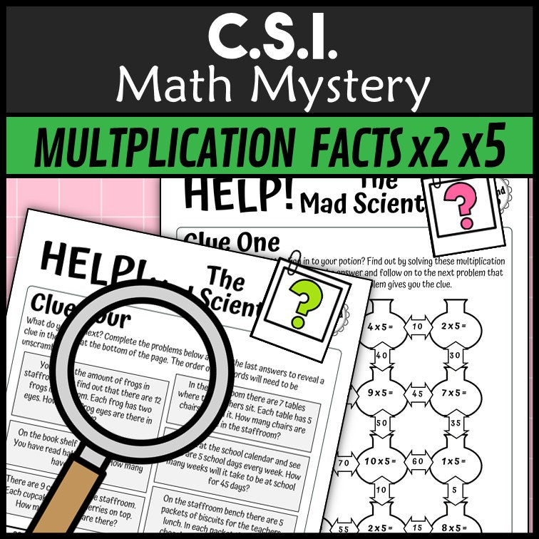 x2 and x5 multiplication and division clue pages, Mad Scientist math mystery