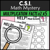 x2 and x5 multiplication and division clue pages, Mad Scientist math mystery