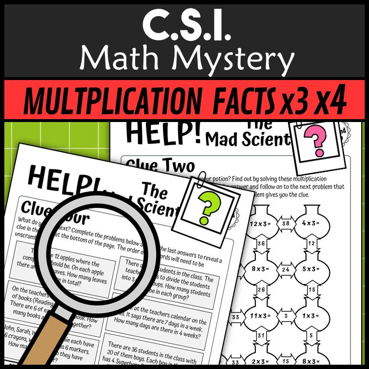 x3 and x4 multiplication and division clue worksheet pages - Mad Scientist math mystery