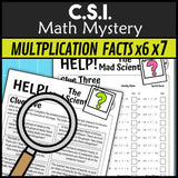 x6 and x7 multiplication and division clue worksheet pages - Mad Scientist math mystery