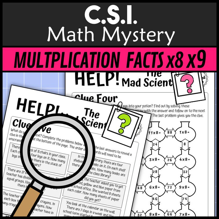 x8 and x9 multiplication and division clue worksheet pages - Mad Scientist math mystery