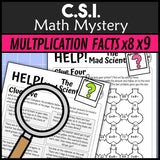 x8 and x9 multiplication and division clue worksheet pages - Mad Scientist math mystery