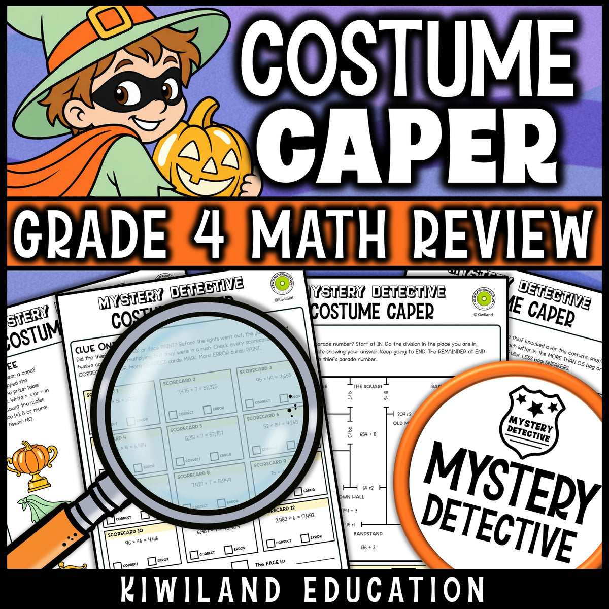 Multiplication long division fractions 4th grade math spiral review Halloween