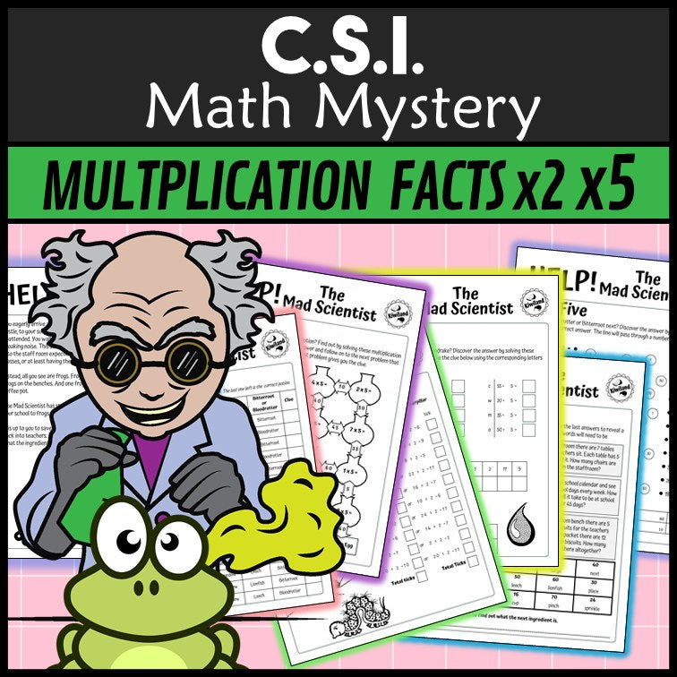 Multiplication and division facts worksheets, Mad Scientist x2 and x5 math mystery