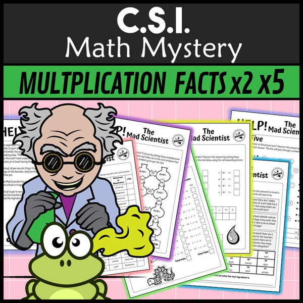 Multiplication and division facts worksheets, Mad Scientist x2 and x5 math mystery