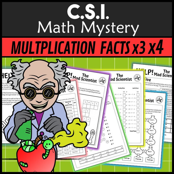 Multiplication maze and division cryptogram pages - Mad Scientist x3 x4 math mystery