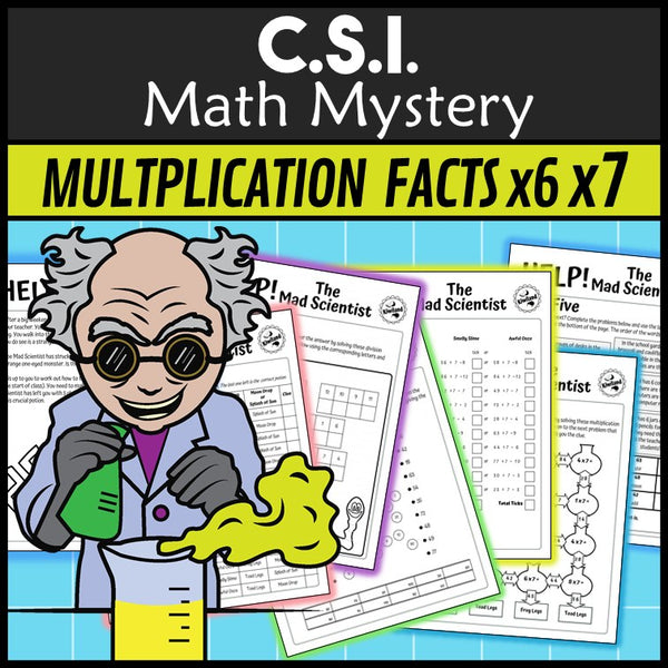 Multiplication maze and division cryptogram pages - Mad Scientist x6 x7 math mystery
