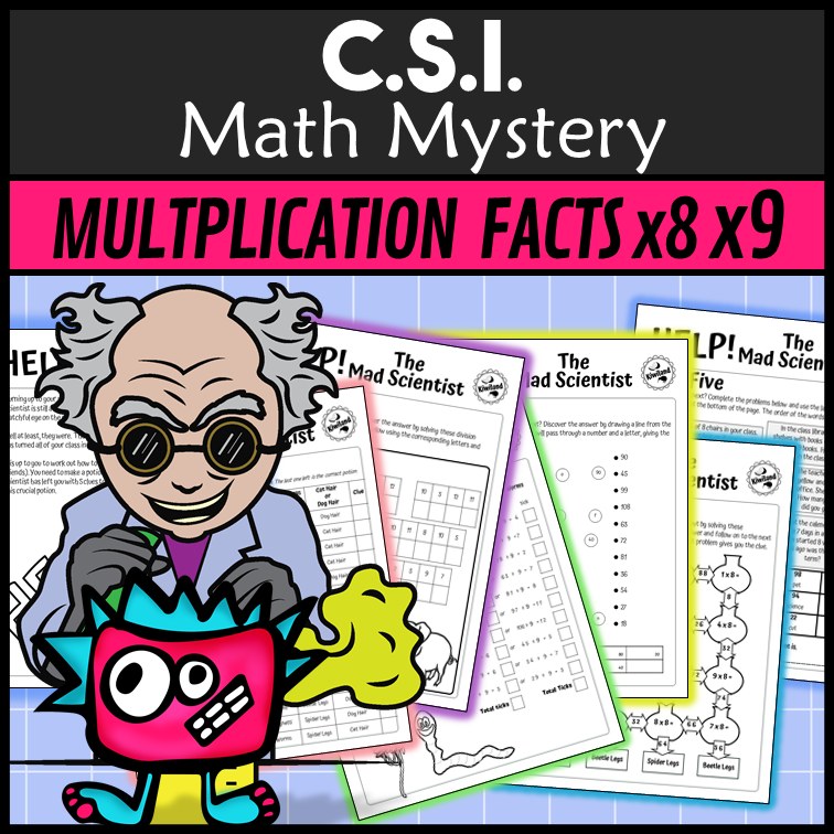 Multiplication maze and division cryptogram pages - Mad Scientist x8 x9 math mystery