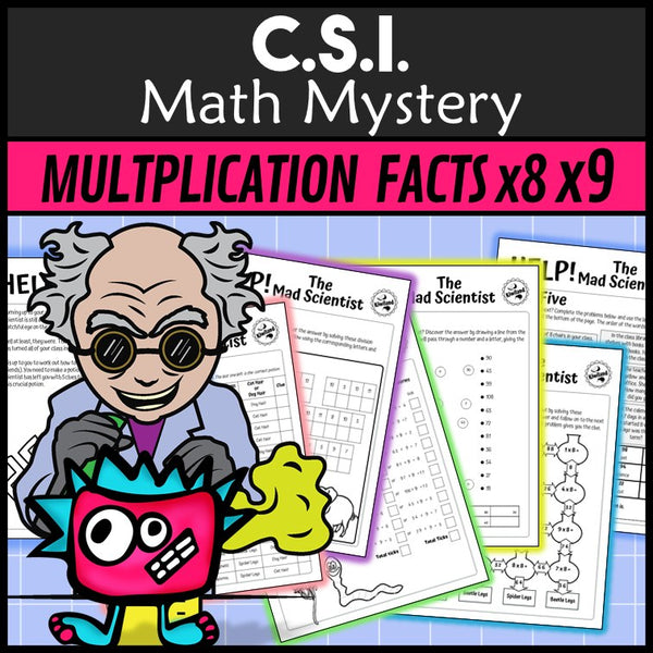 Multiplication maze and division cryptogram pages - Mad Scientist x8 x9 math mystery