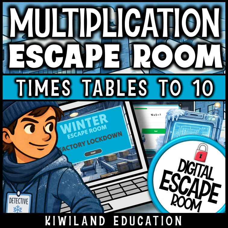 Multiplication 10x times tables winter digital escape room cover, grades 2–4 math