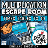 Multiplication 10x times tables winter digital escape room cover, grades 2–4 math