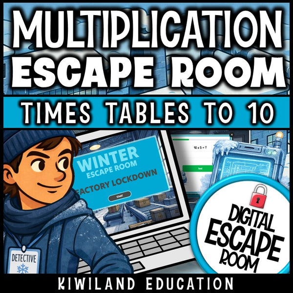 Multiplication 10x times tables winter digital escape room cover, grades 2–4 math