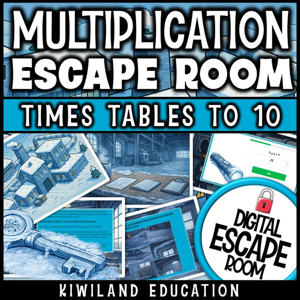 Winter-themed multiplication facts escape room puzzle screen