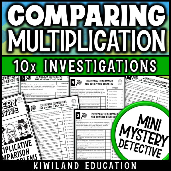 Multiplicative comparison worksheets for 4th grade math, ten no prep word problem cases with a dinosaur museum theme