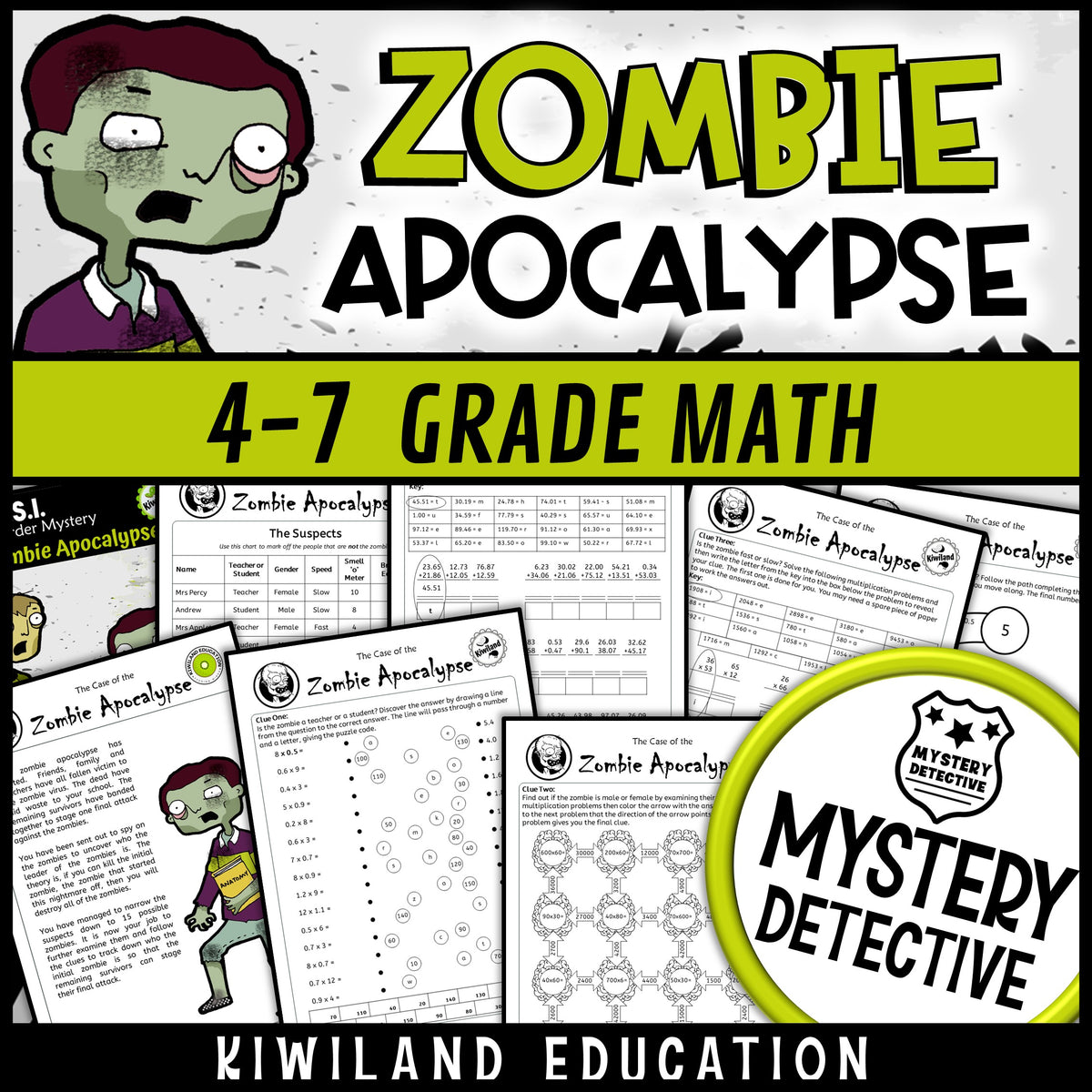 Multiplying decimals 2-digit multiplication clue pages zombie apocalypse