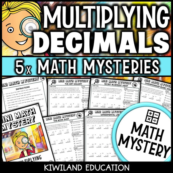 Multiplying decimals math mystery worksheets cover