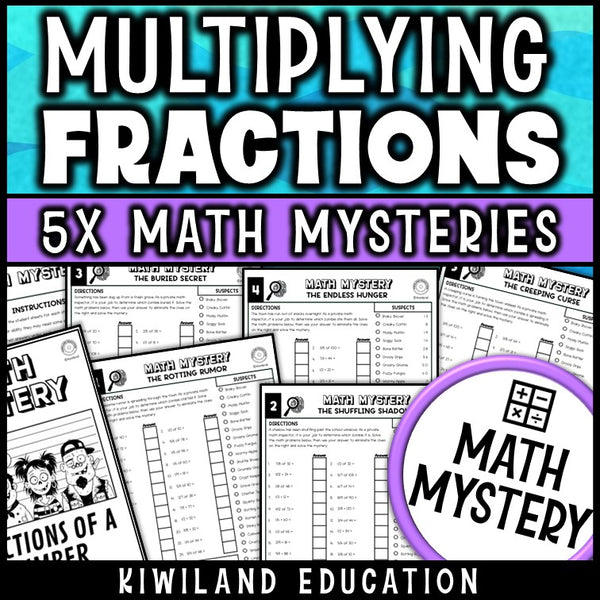 Multiplying fractions by whole numbers zombie math mystery worksheets
