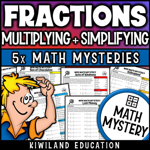 Multiplying fractions with simplifying math mystery worksheets cover