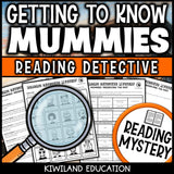Mummies reading mystery comprehension questions worksheet with suspect line-up