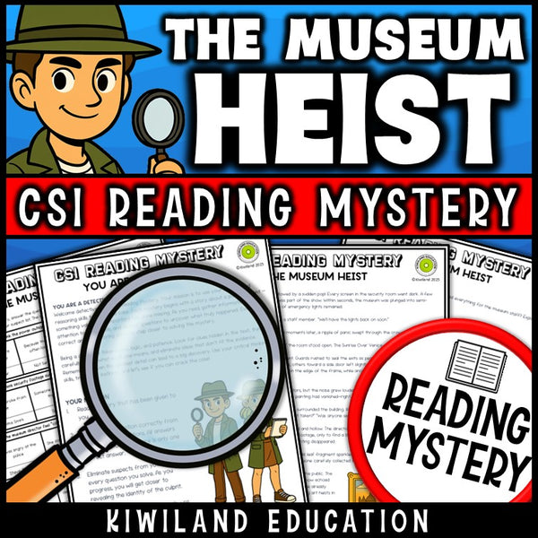 Museum Heist fiction reading comprehension passage activity for grades 3-6