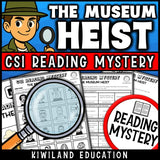 Museum Heist reading mystery comprehension questions worksheet with suspect line-up