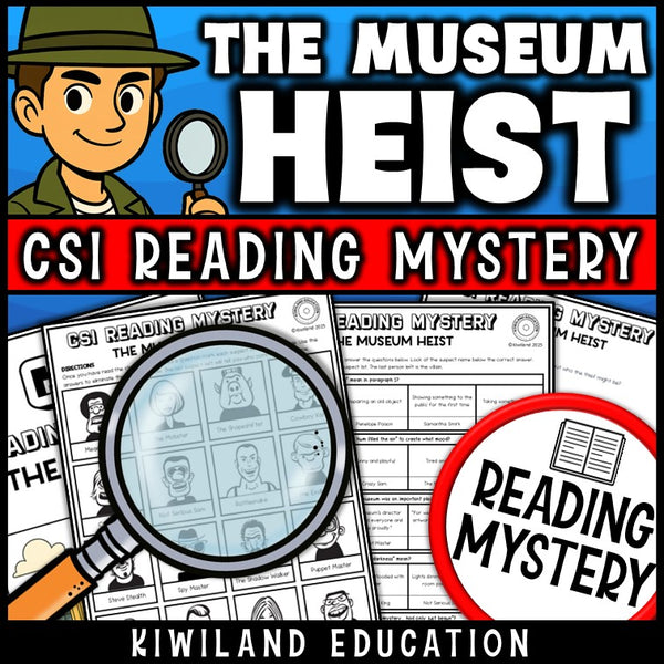 Museum Heist reading mystery comprehension questions worksheet with suspect line-up