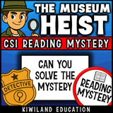 No-prep Museum Heist fiction reading comprehension worksheet with answer key