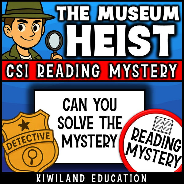 No-prep Museum Heist fiction reading comprehension worksheet with answer key