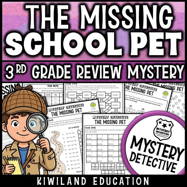 Mystery detective 3rd grade 3-digit addition subtraction multiplication review