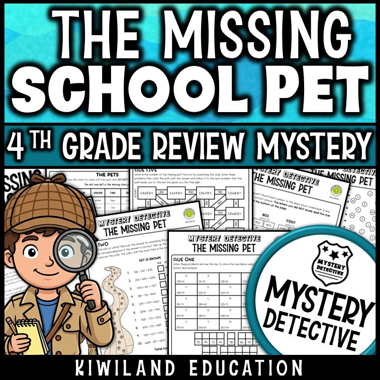 Mystery detective 4th grade 4-digit addition subtraction multiplication division