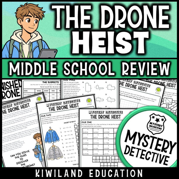 Mystery detective middle school review 6th 7th 8th grade integers equations