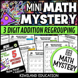 New Year 3-Digit Addition with Regrouping Math Mystery worksheets cover - 5 printable detective cases