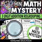 New Year 3-digit addition with regrouping math mystery worksheet sample pages
