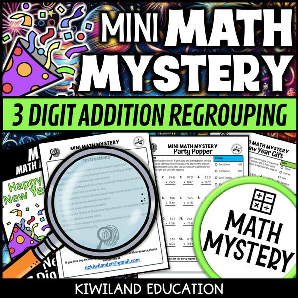 New Year 3-digit addition with regrouping math mystery worksheet sample pages