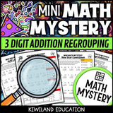 New Year regrouping addition detective math mystery printable activity