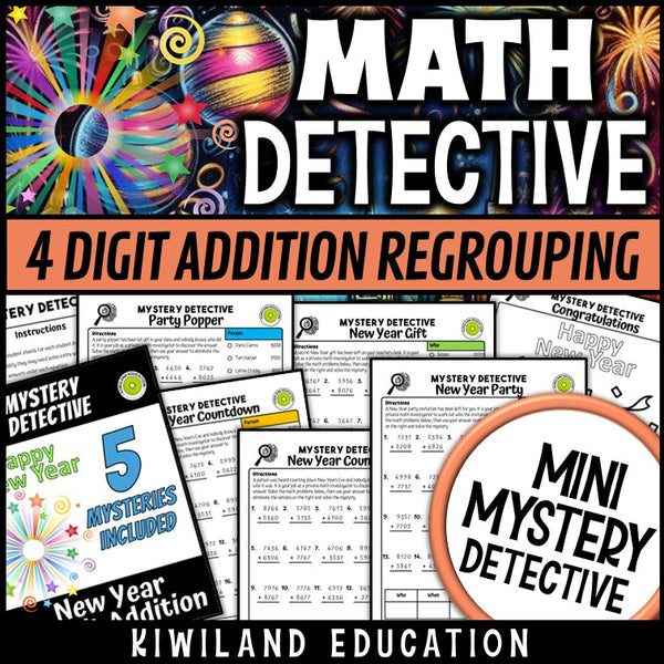 New years 4-digit addition with regrouping worksheets