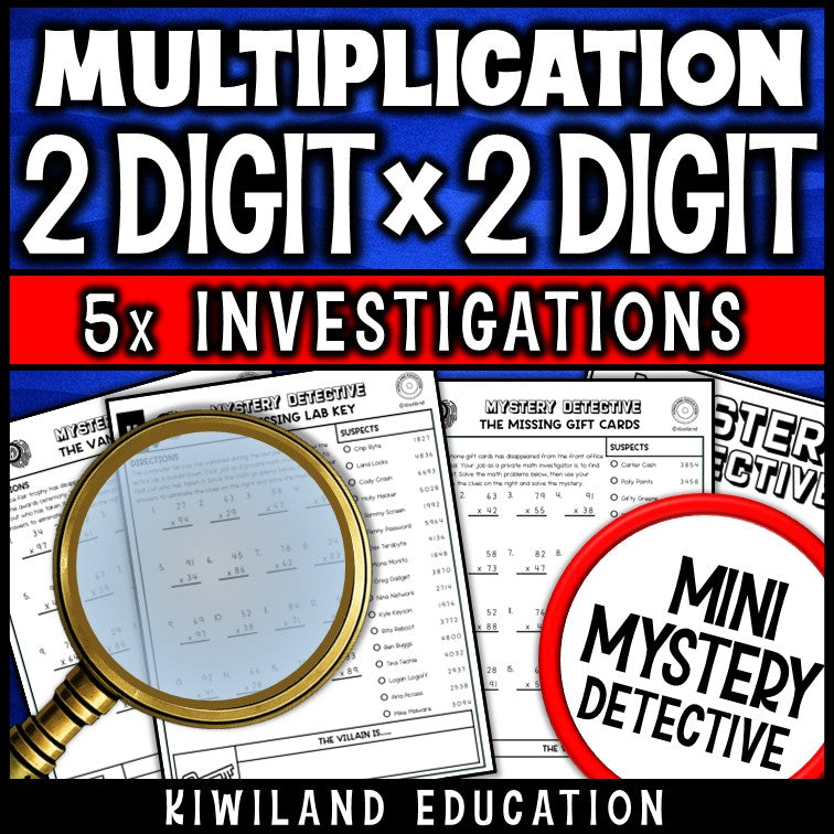 No-prep printable 2x2 multiplication mystery detective activity