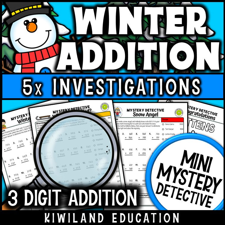 No-prep printable winter addition detective cases