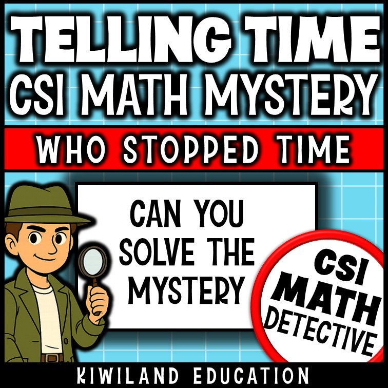No-prep telling time Who Stopped Time math mystery answer key