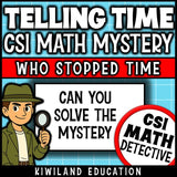 No-prep telling time Who Stopped Time math mystery answer key