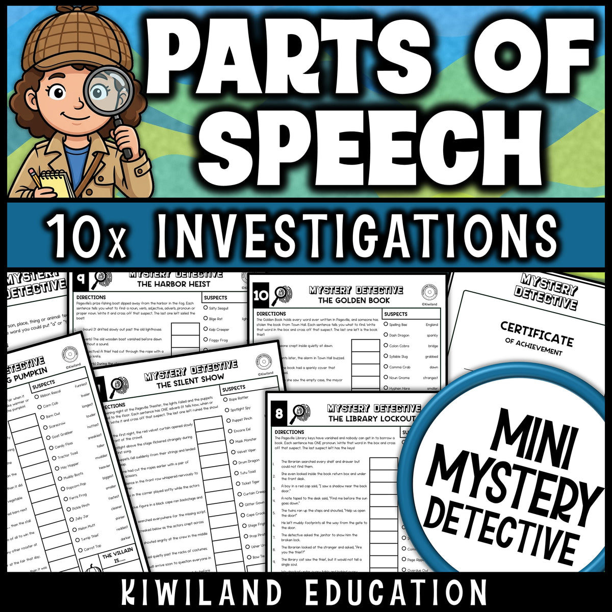 Nouns and verbs grammar practice with adjectives, adverbs, proper nouns and pronouns, plus a certificate of achievement for every student detective