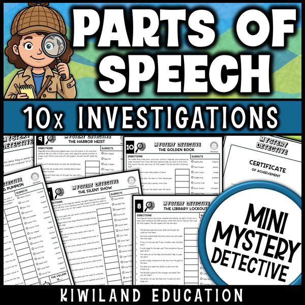 Nouns and verbs grammar practice with adjectives, adverbs, proper nouns and pronouns, plus a certificate of achievement for every student detective