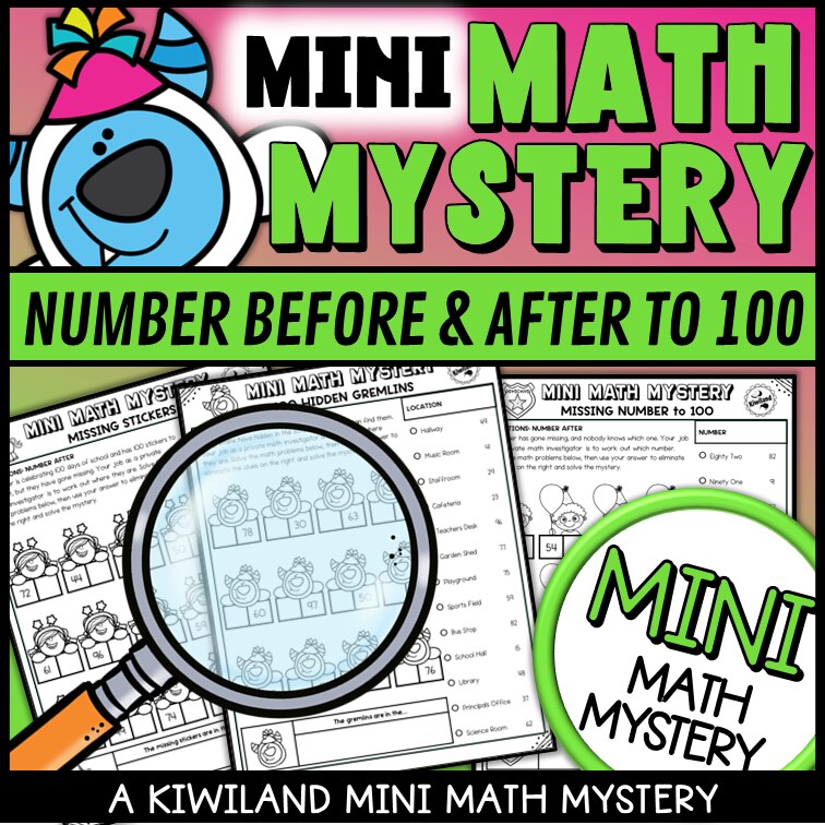 100th Day of School Math Mystery clue elimination number-after and number-before mysteries - printable morning work K-2