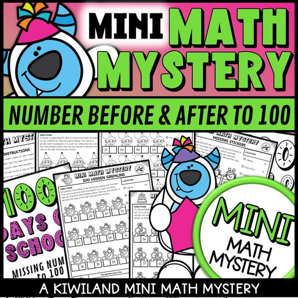 100th Day of School Math Mystery number before and after to 100 for Kindergarten, 1st and 2nd grade - no-prep printable