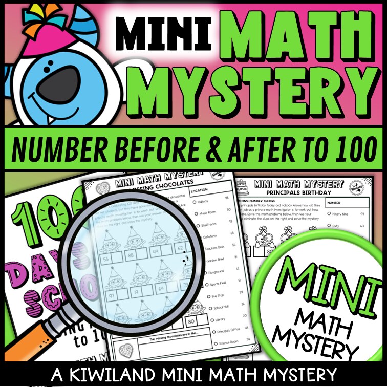 Number before and after to 100 Math Mystery sample worksheet grades K-2 - self-checking 100th Day of School math centers