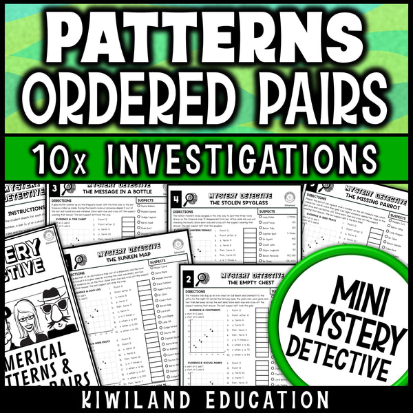 Number patterns and ordered pairs worksheets for 5th grade math, ten no prep treasure map detective cases on the coordinate plane