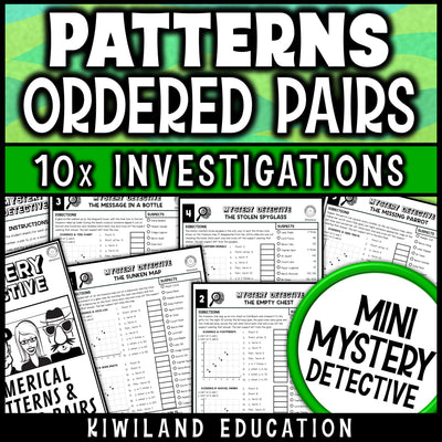 Number patterns and ordered pairs worksheets for 5th grade math, ten no prep treasure map detective cases on the coordinate plane