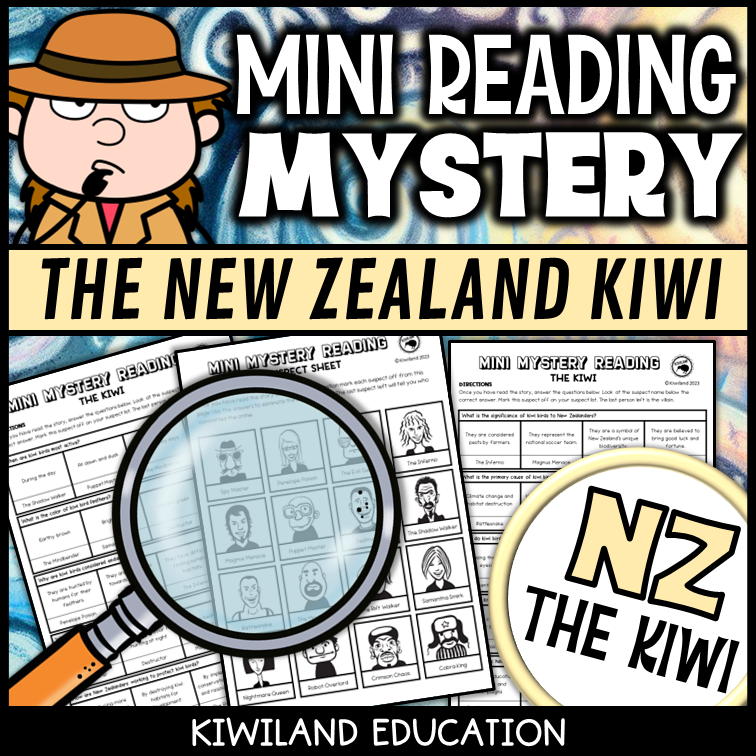 New Zealand kiwi reading mystery comprehension questions worksheet with suspect line-up