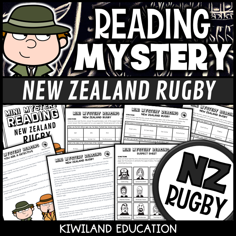 New Zealand rugby reading mystery comprehension activity cover for grades 3-6