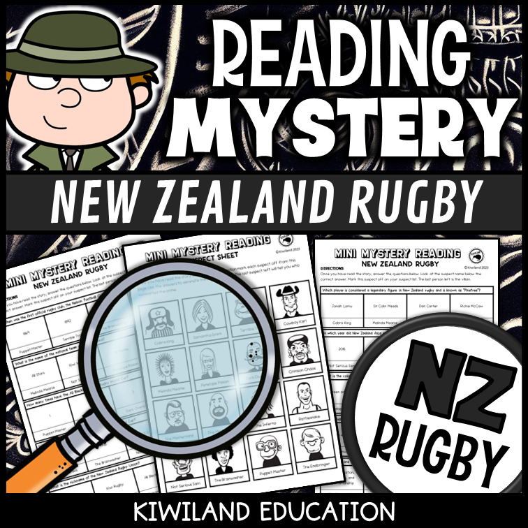 New Zealand rugby reading mystery comprehension questions worksheet with suspect line-up